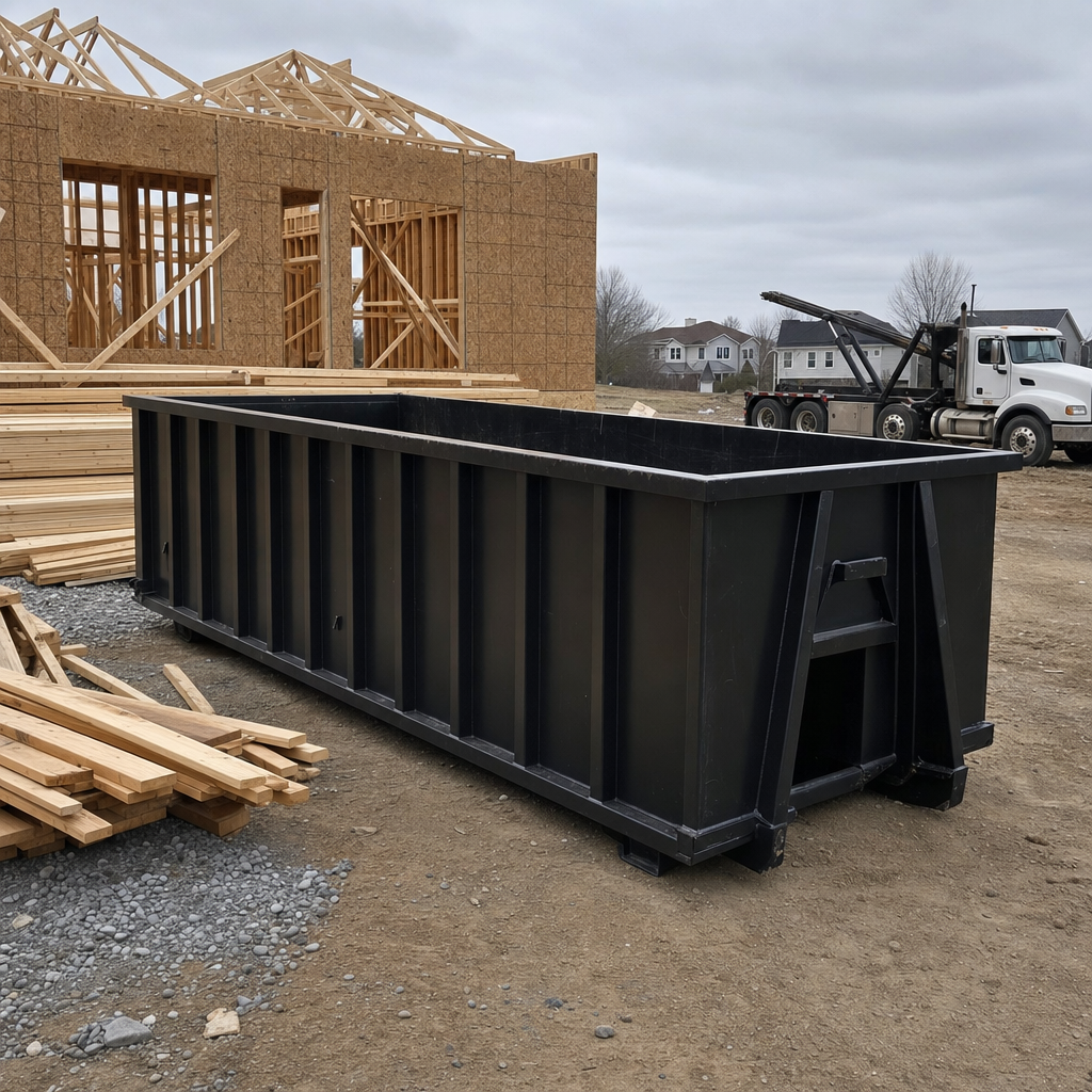 Matte-black 40-yard roll-off dumpster staged on a framed-out residential construction site in New Bedford, framing lumber stacked nearby, hooklift delivery truck visible in the background under bright Colorado daylight