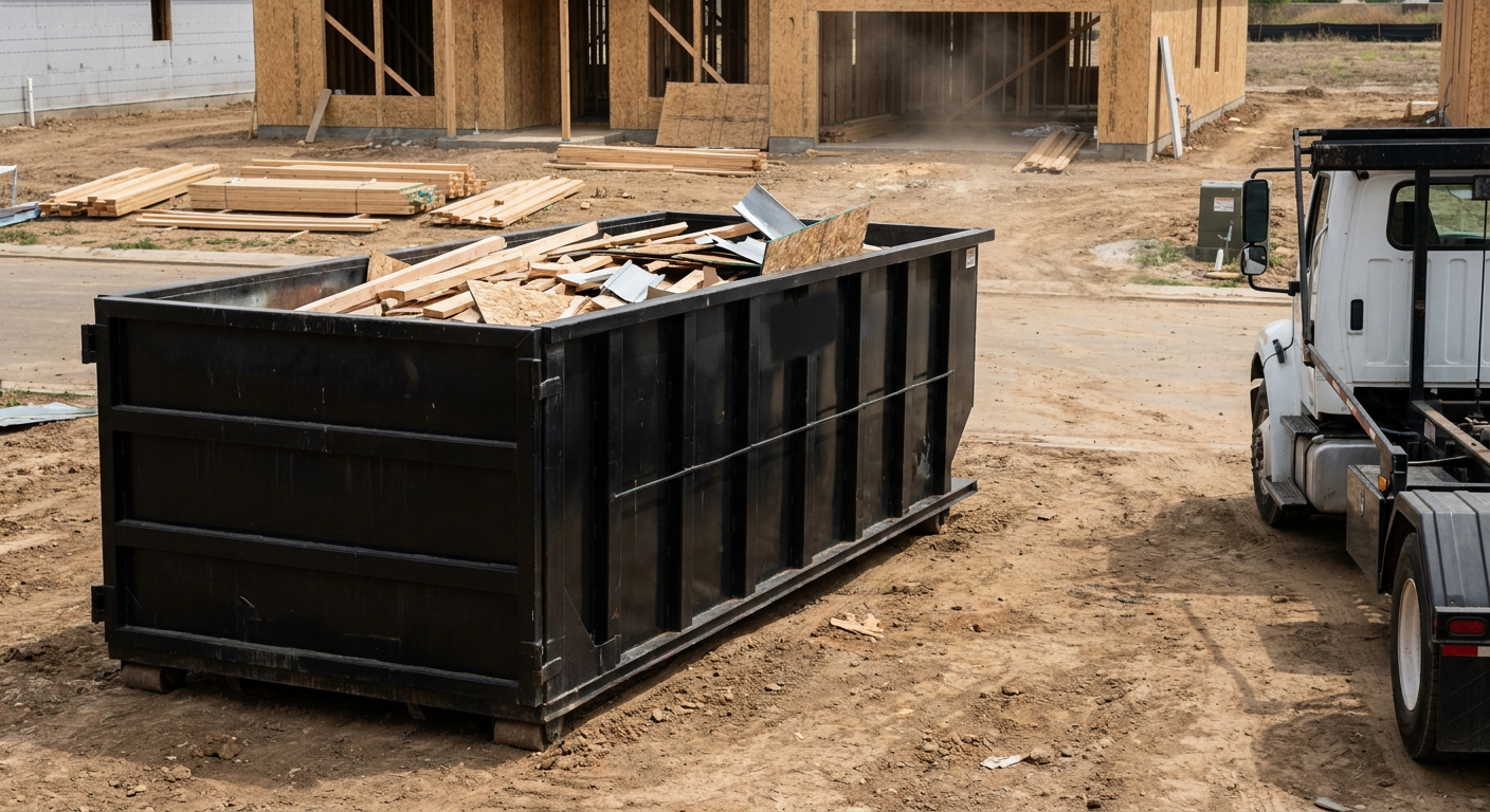 Matte-black 20-yard roll-off construction dumpster with heavy ribbed steel sidewalls and swing rear doors at a working jobsite in New Bedford, sitting directly on compacted dirt with an unmarked white hauler partially visible at the far edge of the frame.