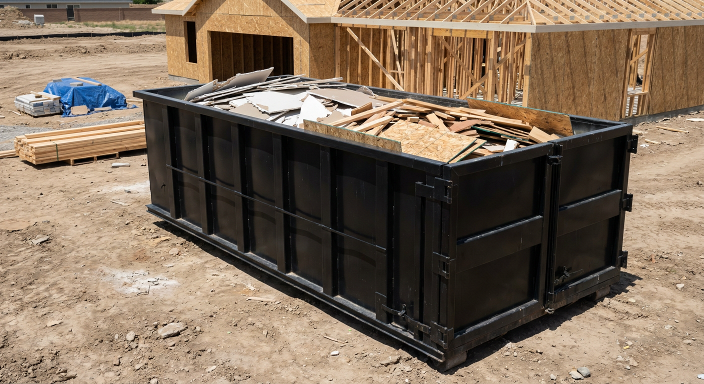 Matte-black 30-yard roll-off construction dumpster sitting directly on the compacted-dirt site of a framed single-family home build in New Bedford, drywall and lumber scrap loaded inside.