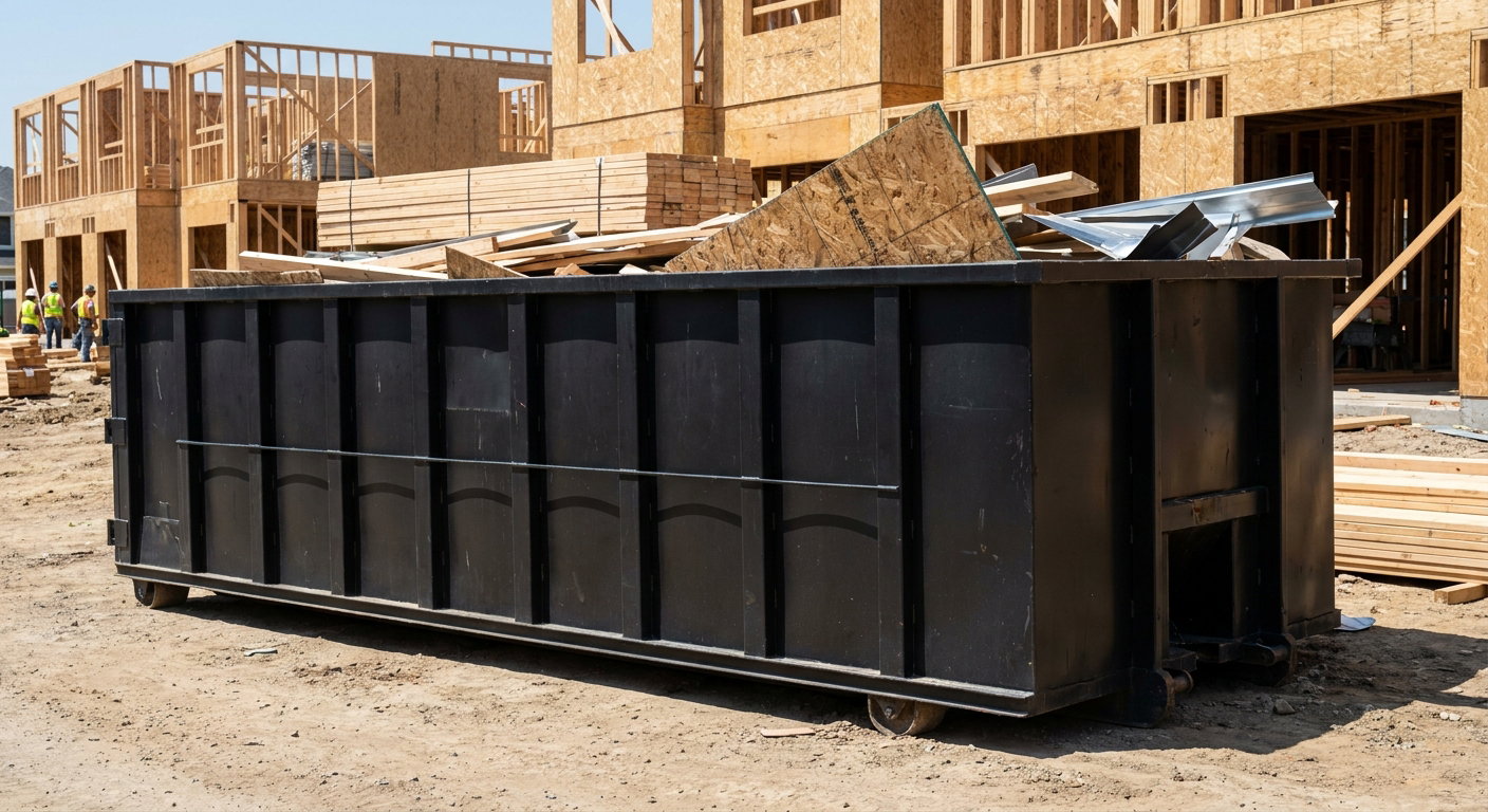 Matte-black 40-yard roll-off construction dumpster being lowered from a white-cab hooklift delivery truck onto the compacted-dirt jobsite at a commercial build site in New Bedford