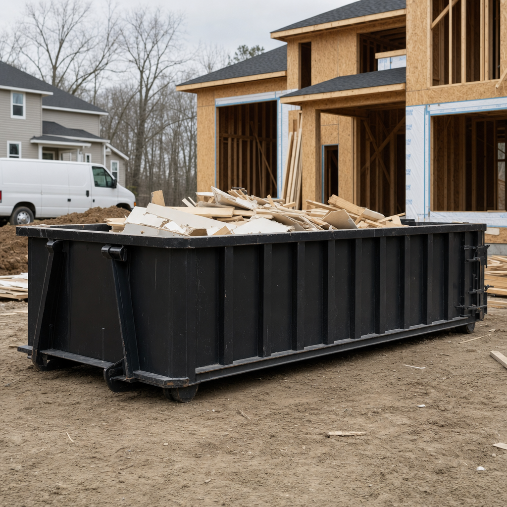 Worker in a yellow high-visibility vest tossing framing lumber and broken drywall into a matte-black 30-yard construction roll-off dumpster on an active build site in New Bedford, bright daylight