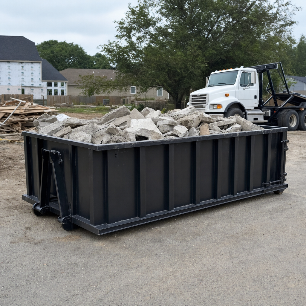 Low-profile matte-black lowboy roll-off dumpster loaded with broken concrete slab and rebar at a foundation tear-out in New Bedford, skid steer parked beside it, sunny Colorado morning