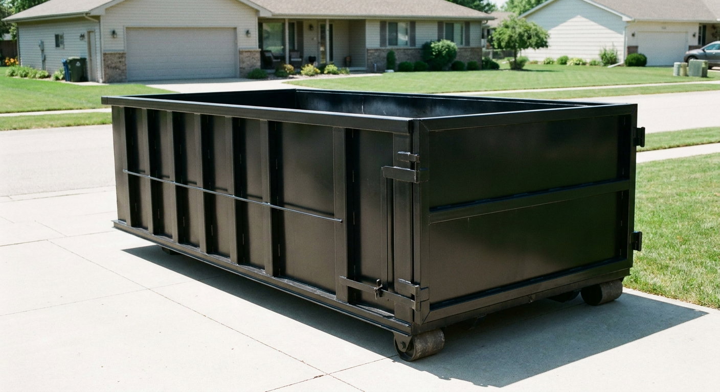 Matte-black 10-yard roll-off dumpster on a residential concrete driveway in New Bedford, uniformly painted matte black across every panel and rail, ribbed steel sidewalls and rear swing door visible, mid-day daylight.
