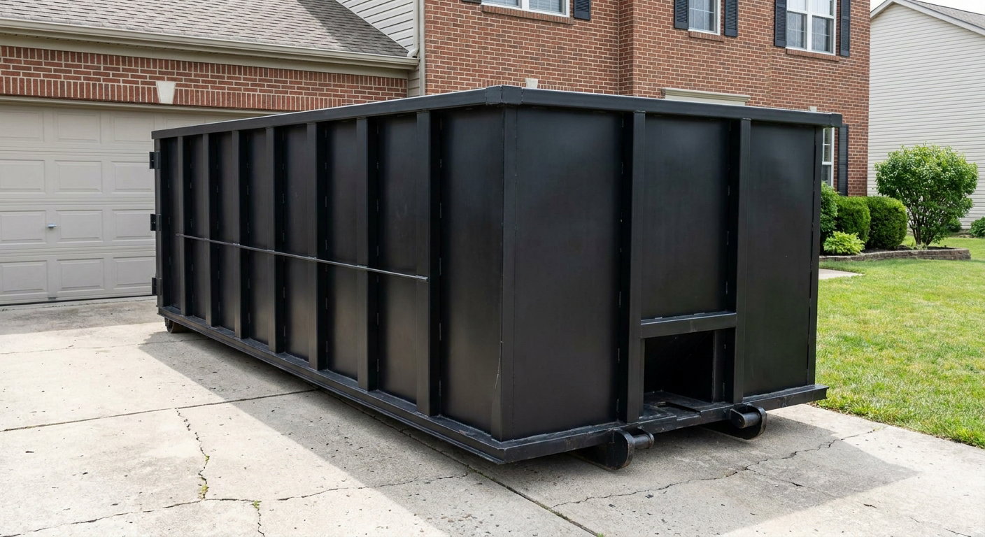 Matte-black 20-yard roll-off container on a New Bedford residential concrete driveway with reinforced ribbed steel sidewalls and a hinged rear walk-in door, clean bright daylight.