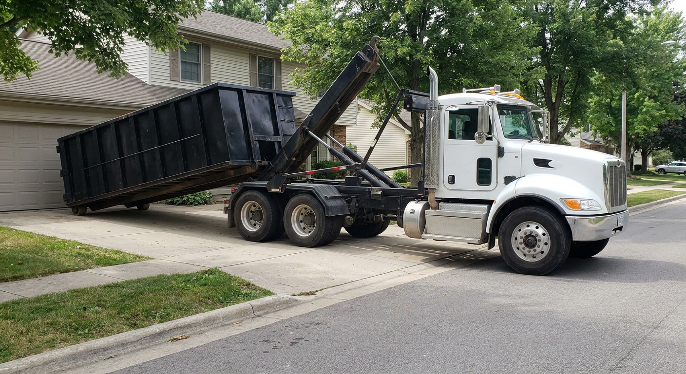 White-cab hooklift roll-off truck actively lowering a matte-black dumpster onto a New Bedford residential concrete driveway, the dumpster's rear wheels touching the driveway as the hoist arm tilts the bed forward, mid-morning daylight.