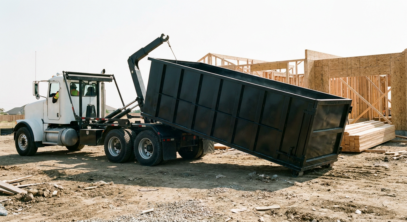 Matte-black roll-off dumpster being delivered onto a clean residential concrete driveway in New Bedford by an unmarked white hooklift hauler truck, bright morning daylight, documentary 35mm perspective.
