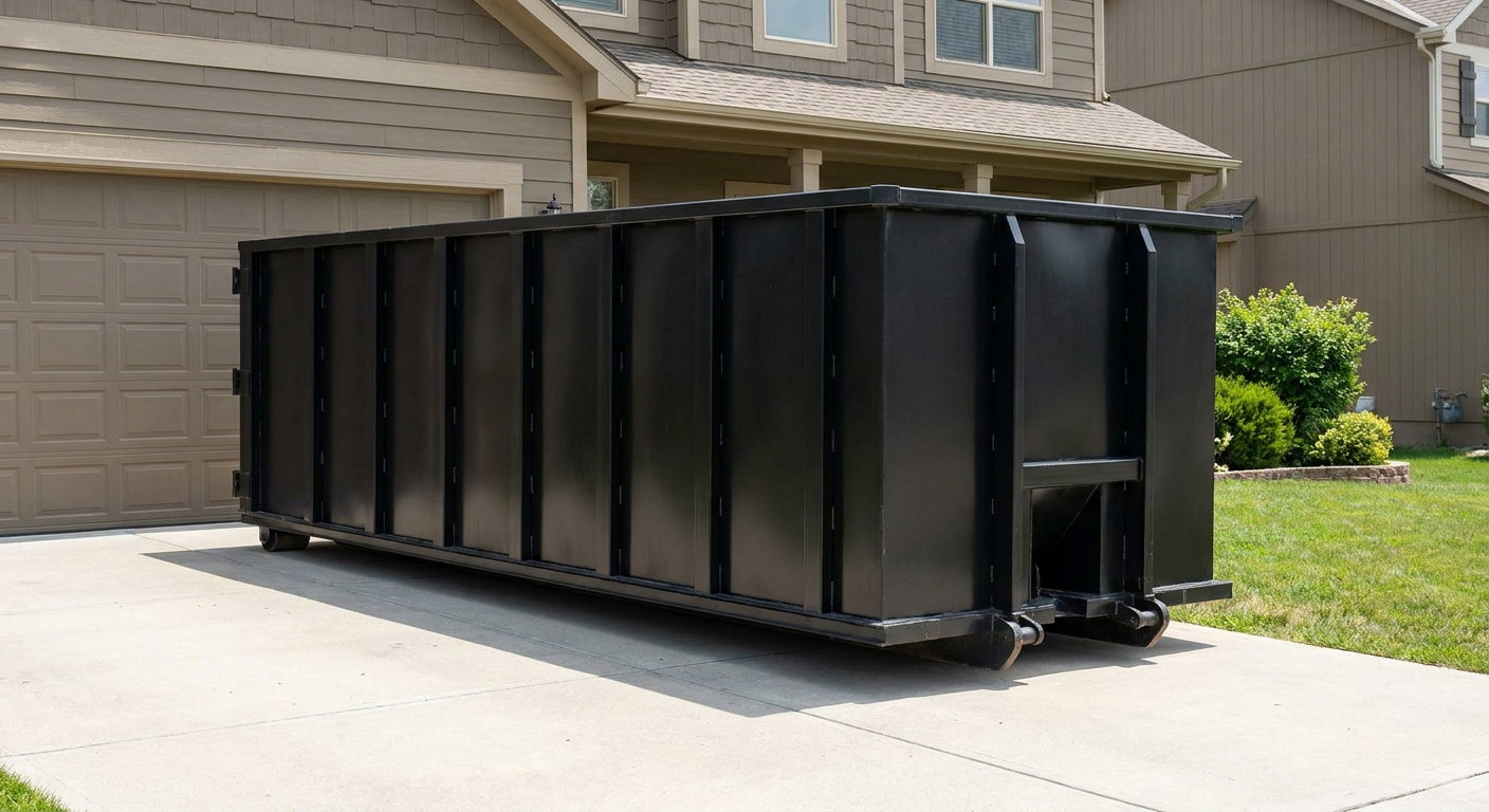 Matte-black residential roll-off dumpster sitting directly on a suburban New Bedford concrete driveway, garage door closed, single-family home in background, bright morning daylight.