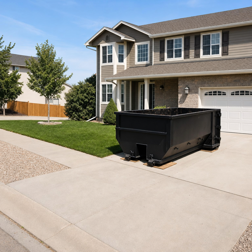 10-yard matte-black residential dumpster placed directly on a narrow New Bedford concrete driveway, room remains for a parked sedan beside it, mid-morning natural light