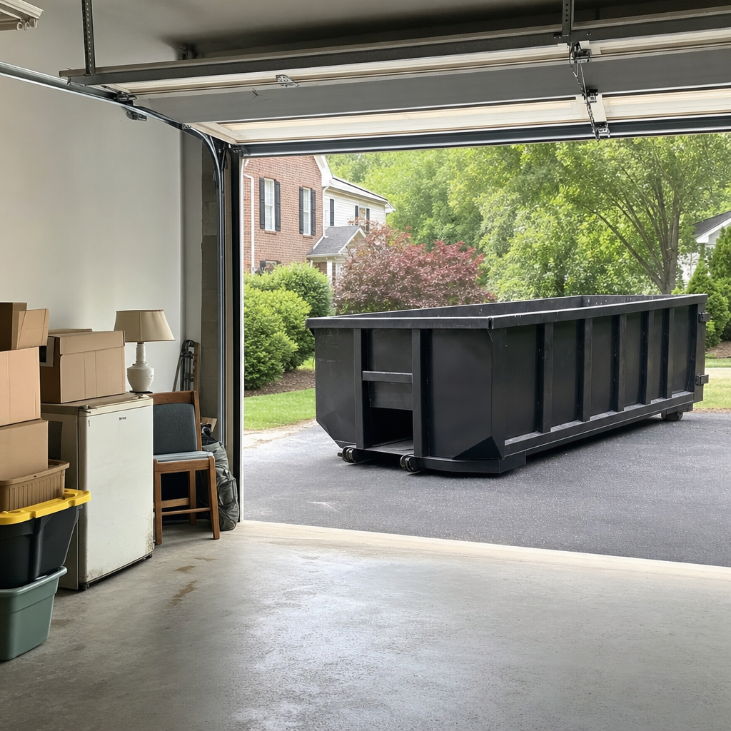 Open garage interior in a New Bedford home mid-cleanout — boxed items, an old appliance, and stacked yard tools queued near the driveway for a matte-black roll-off dumpster, organized and calm