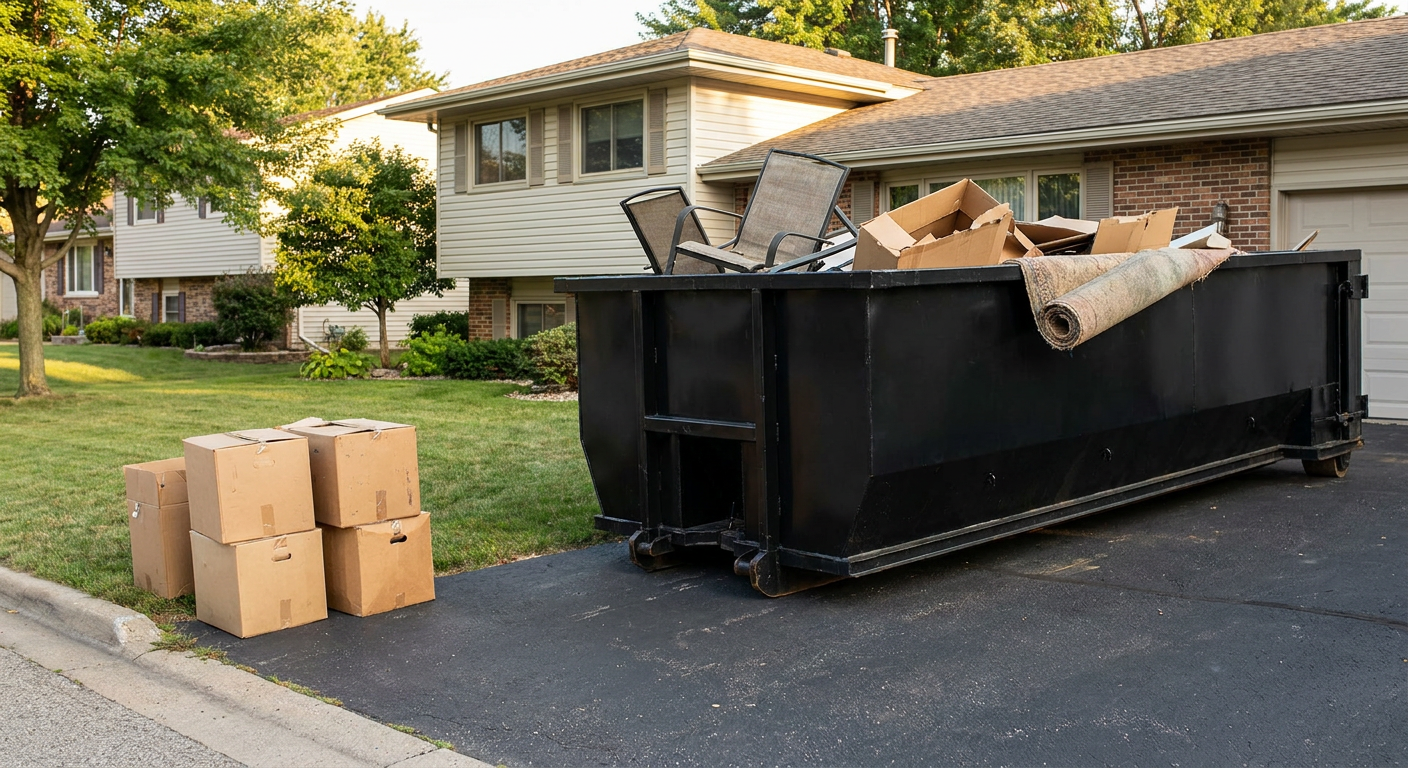 Front-yard view of a New Bedford split-level home with a 20-yard matte-black roll-off dumpster sitting directly on the asphalt driveway, a few clearly labeled donation boxes staged at the curb, calm sunny afternoon.