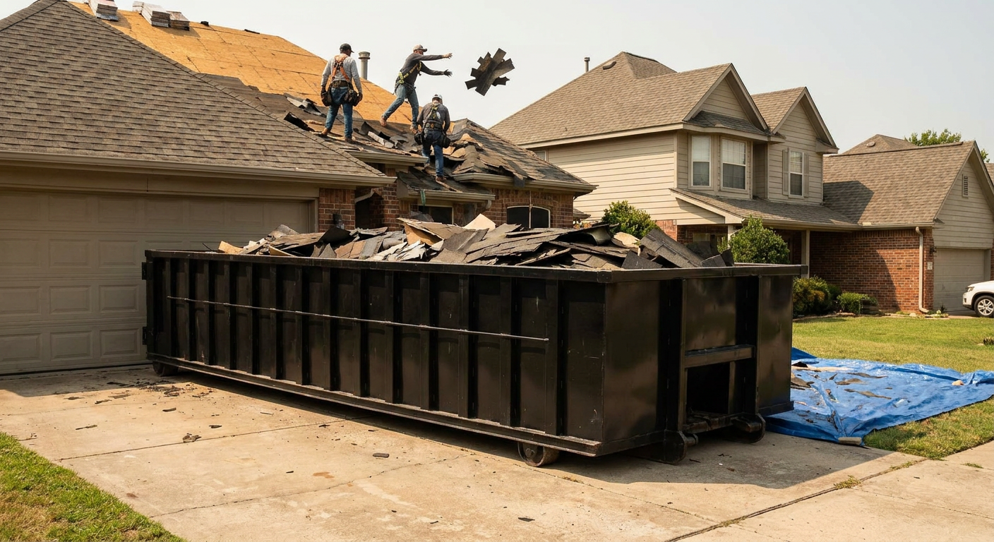 Matte-black roofing roll-off dumpster placed directly on a New Bedford residential concrete driveway, a tear-off crew on a two-story asphalt-shingle roof tossing shingle bundles into the low-walled container, bright daylight, documentary 35mm perspective.