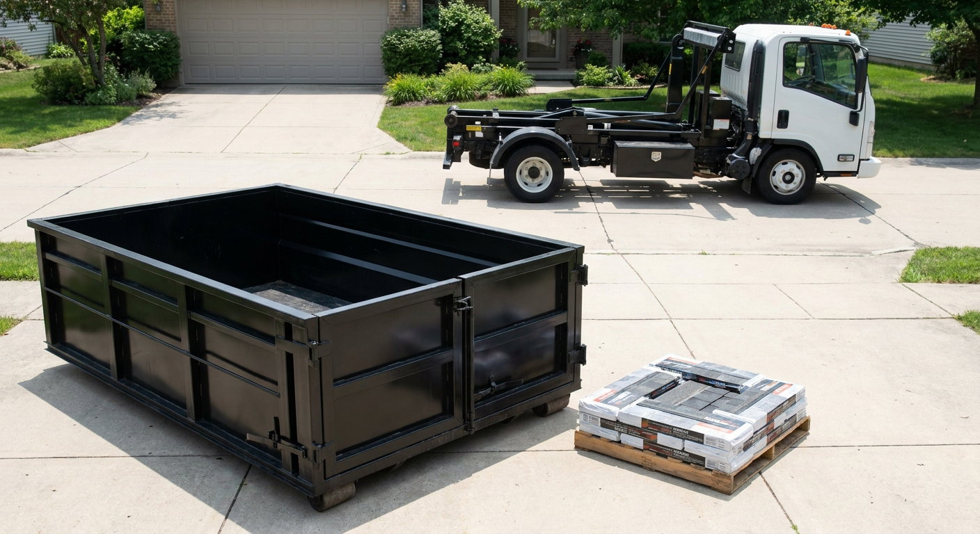 Matte-black 15-yard roofing roll-off dumpster with reinforced low side walls sitting directly on a New Bedford residential concrete driveway, three-tab asphalt shingle bundles stacked nearby, an unmarked white hauler truck partially visible at the edge of the frame.
