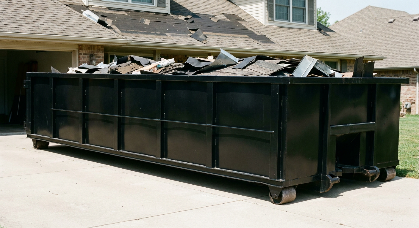 Matte-black 20-yard roofing roll-off dumpster with steel ribbed sides and swinging rear door, sitting directly on the concrete driveway of a two-story New Bedford home, asphalt shingle debris being loaded over the low wall, clean documentary lighting.