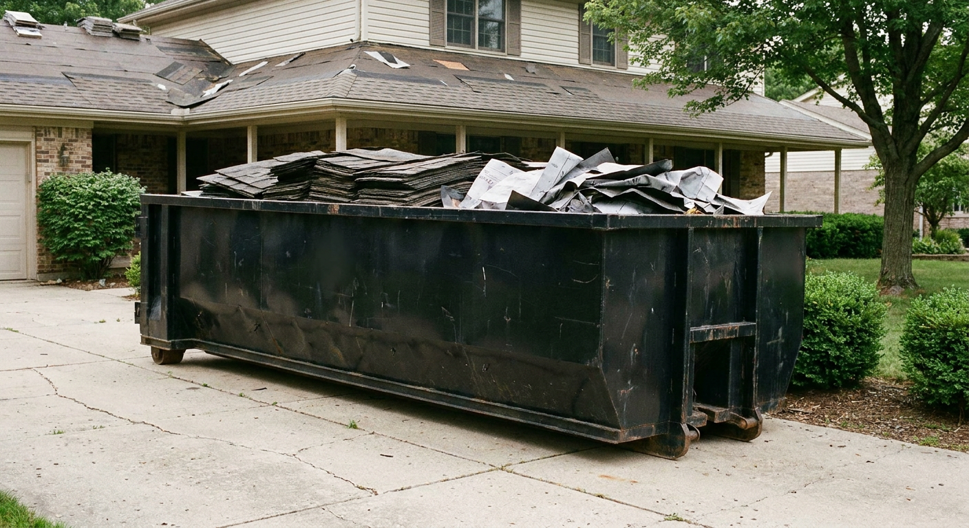 Matte-black 30-yard roofing roll-off dumpster sitting directly on a New Bedford concrete driveway, taller ribbed steel side panels, mixed tear-off debris of asphalt shingles and underlayment inside, professional documentary daylight.