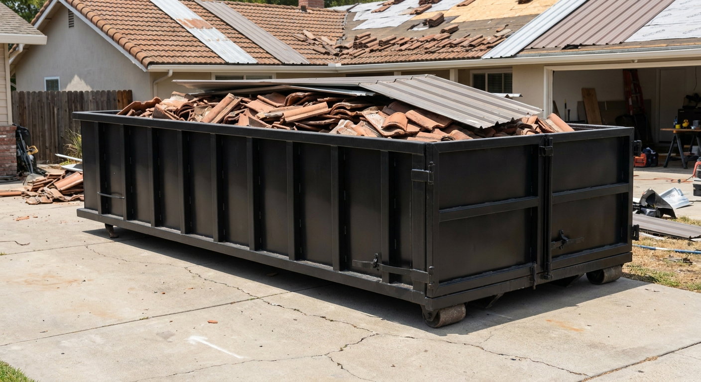 Matte-black low-wall heavy-debris roofing roll-off dumpster sitting directly on a New Bedford concrete driveway, broken concrete clay roof tiles and metal panel sections loaded inside, reinforced ribbed steel side walls visible, bright outdoor daylight.
