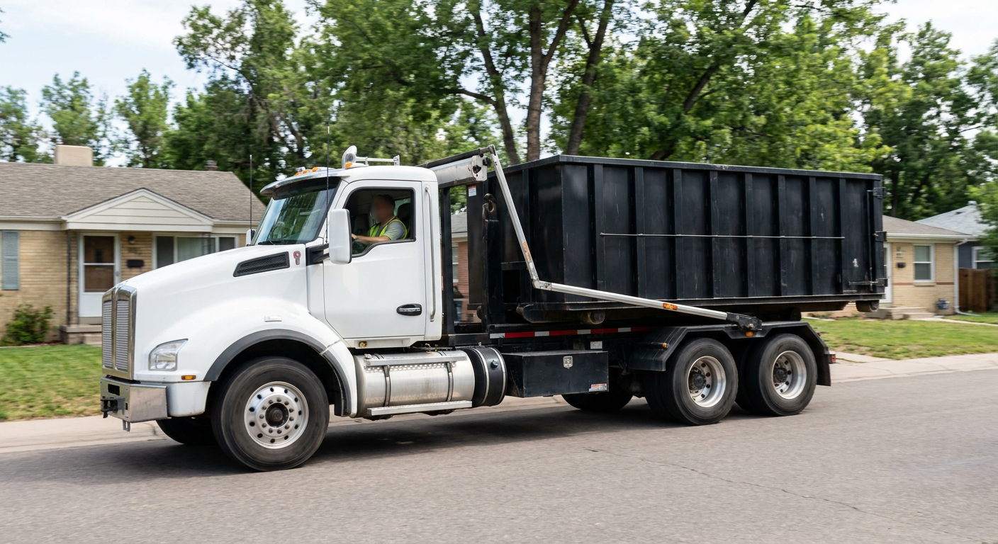 A wide documentary shot of a matte-black roll-off delivery truck pulling onto a quiet New Bedford residential street at mid-morning, with neighborhood rooftops and tree-lined blocks visible behind, showing the metro coverage footprint.