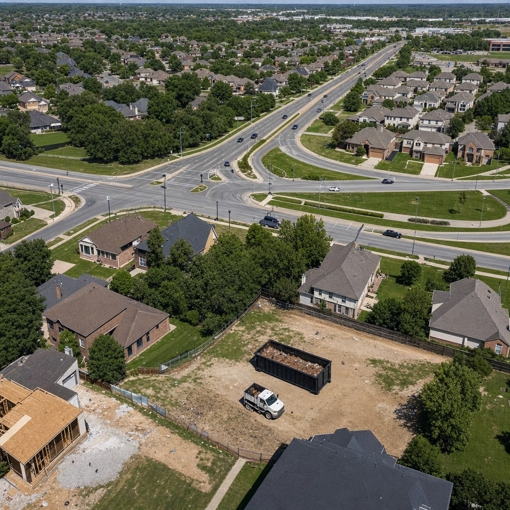 An overhead documentary view of the New Bedford metro area at midday, showing the spread of neighborhoods, arterial roads, and the dispatch radius from a central yard — clean daylight, organized geographic layout.