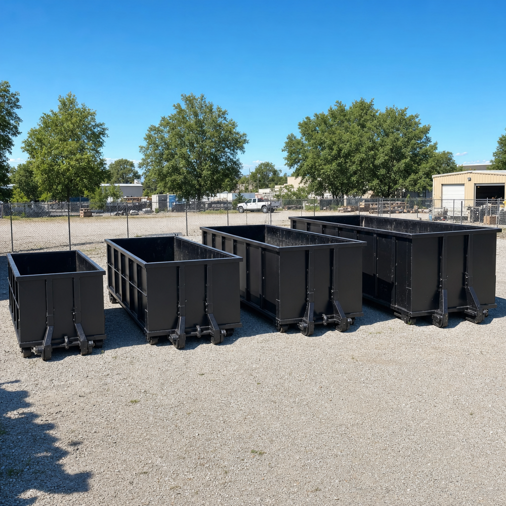 A clean lineup of matte-black roll-off dumpsters in 10, 20, 30, and 40-yard sizes staged on a sunlit gravel yard in New Bedford, showing the size progression from compact to commercial-scale containers.
