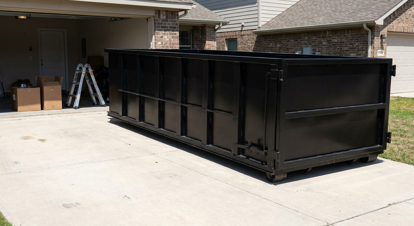 A matte-black 10-yard roll-off dumpster sitting directly on a residential New Bedford concrete driveway, mid-day sunlight, clean and ready for a garage cleanout.