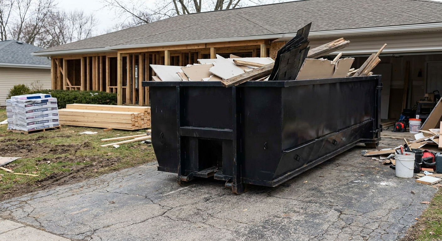 A matte-black 20-yard roll-off dumpster placed alongside a mid-renovation New Bedford home directly on the asphalt driveway, with framing materials and torn-off shingles staged neatly nearby.