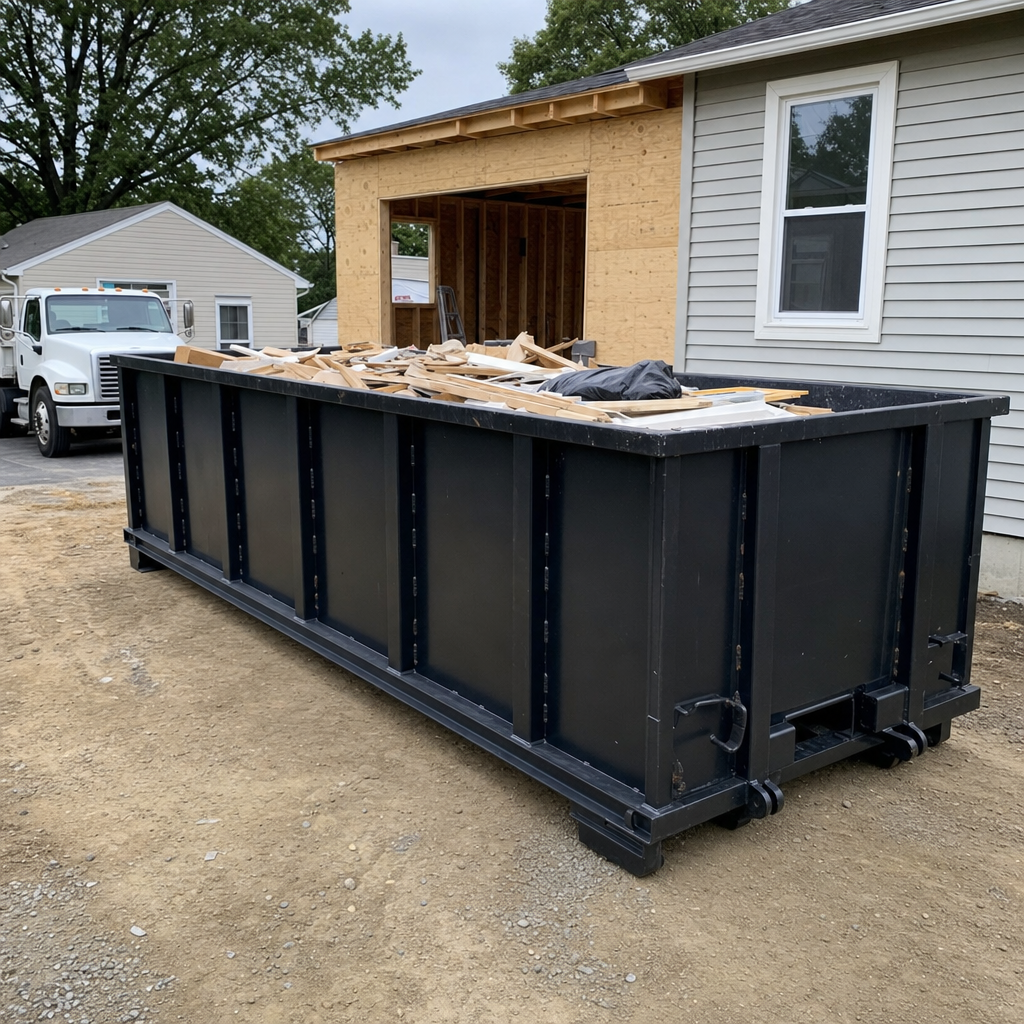 A matte-black 30-yard roll-off dumpster positioned at a New Bedford residential addition jobsite, with framing lumber and drywall scraps loaded through the open swinging rear doors.