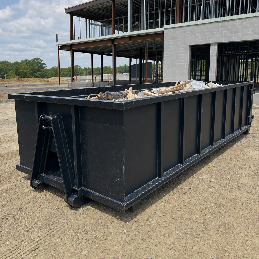 A matte-black 40-yard roll-off dumpster staged on a large New Bedford commercial construction lot, with a hooklift delivery truck parked alongside under bright midday sky.