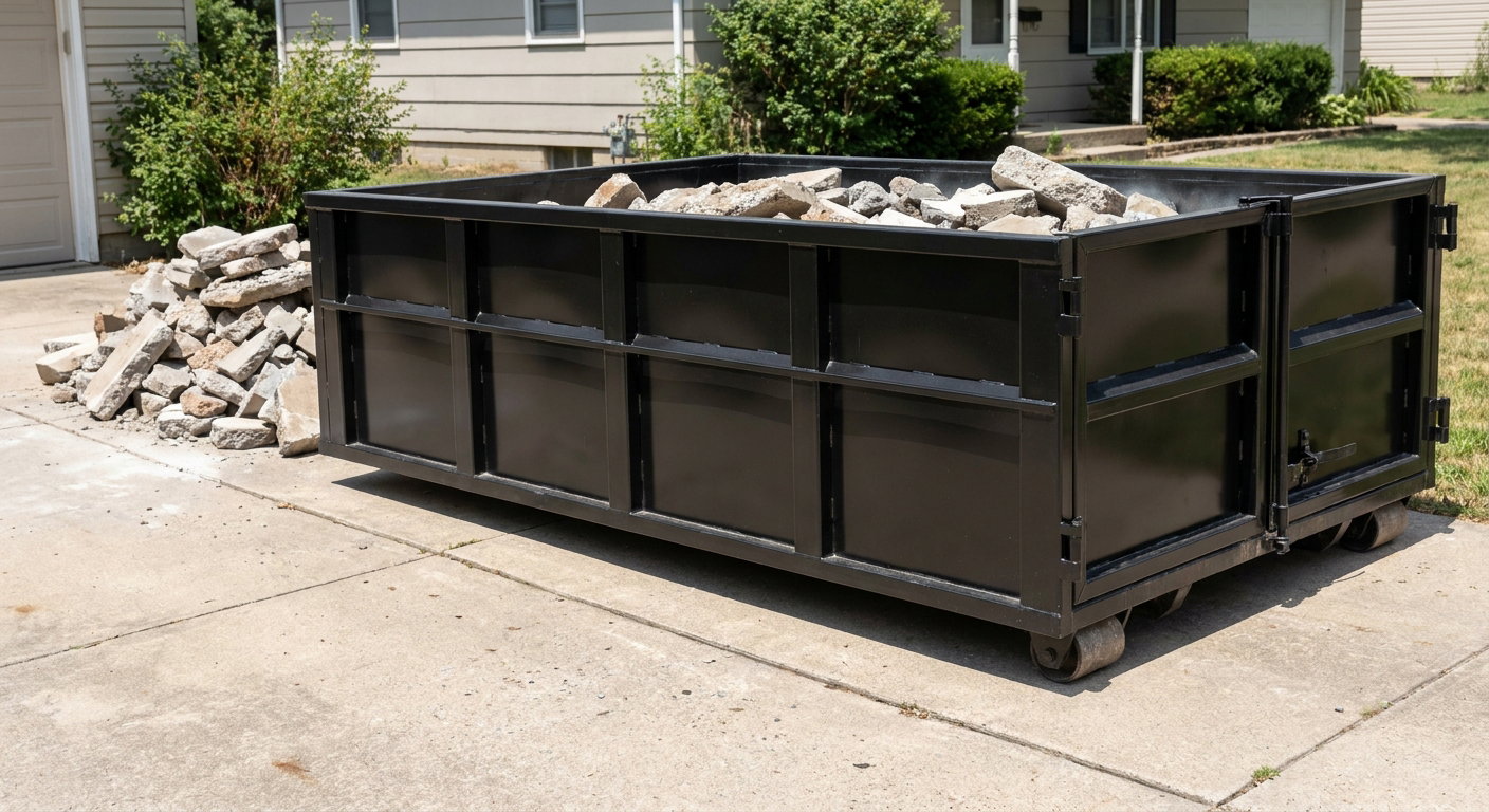 A matte-black low-side heavy-debris roll-off dumpster placed directly on a New Bedford concrete driveway, with broken concrete chunks neatly stacked beside it under clean daylight.