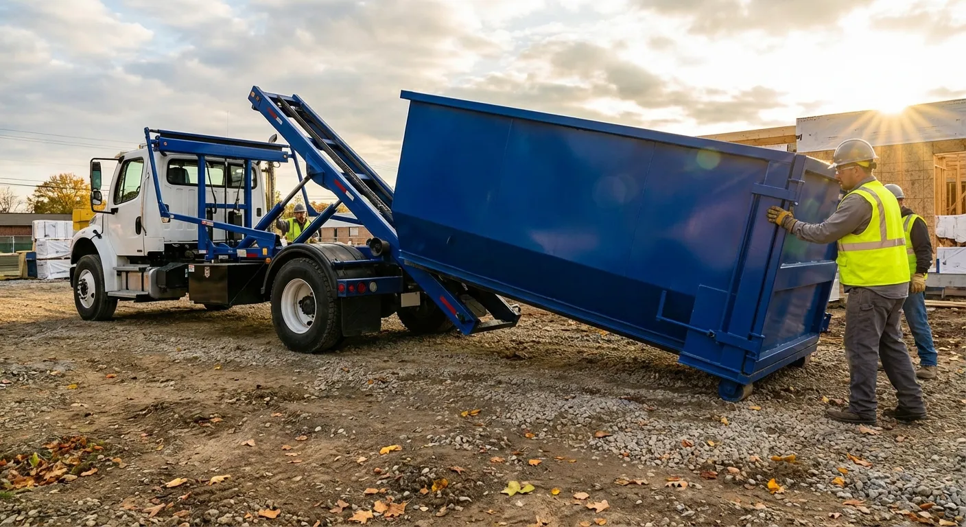 Construction dumpster delivery truck at job site in New Bedford, MA
