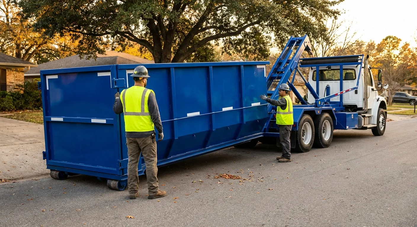 Roll-off dumpster delivery truck in operation in New Bedford, MA