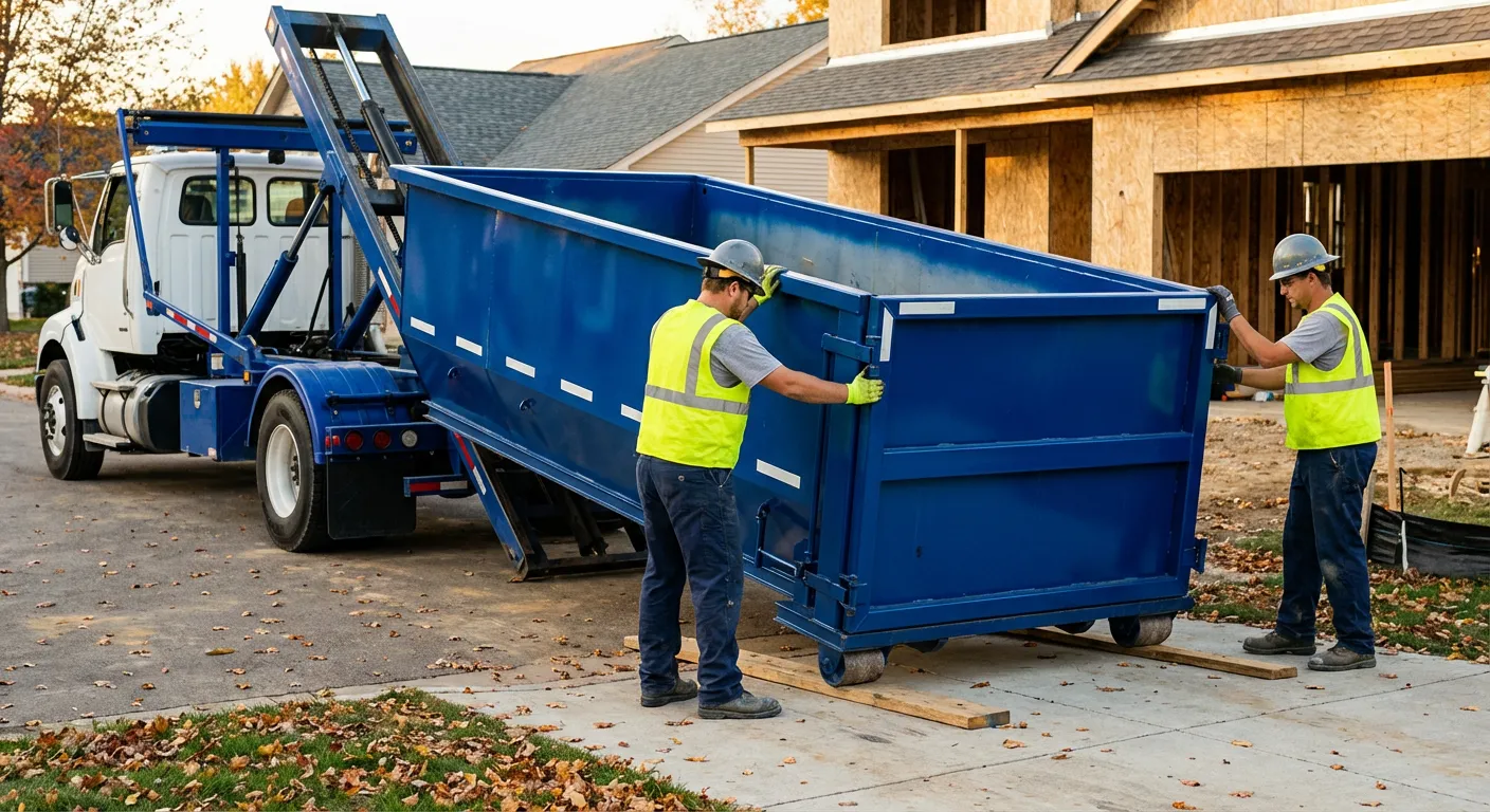 Roll-off dumpster delivery truck in residential area in New Bedford, MA