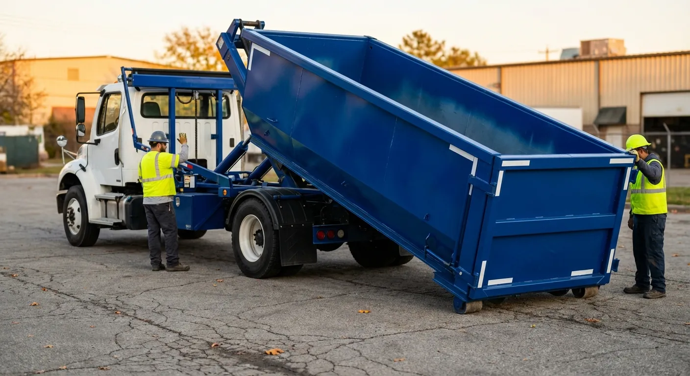 Roll-off dumpster rental truck protecting driveway surfaces in New Bedford, MA