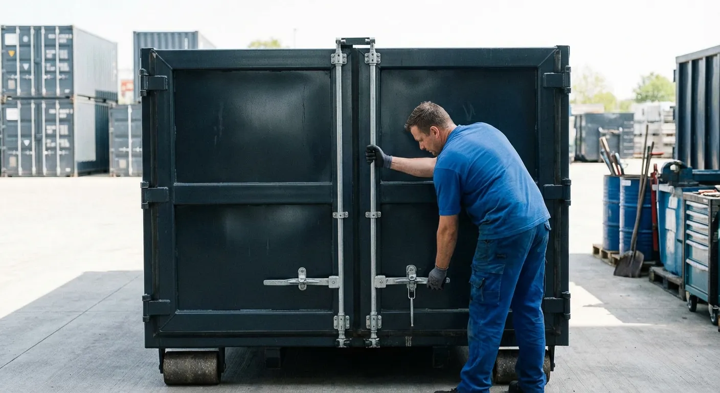 Dumpster walk-in loading door open showing easy access in New Bedford, MA