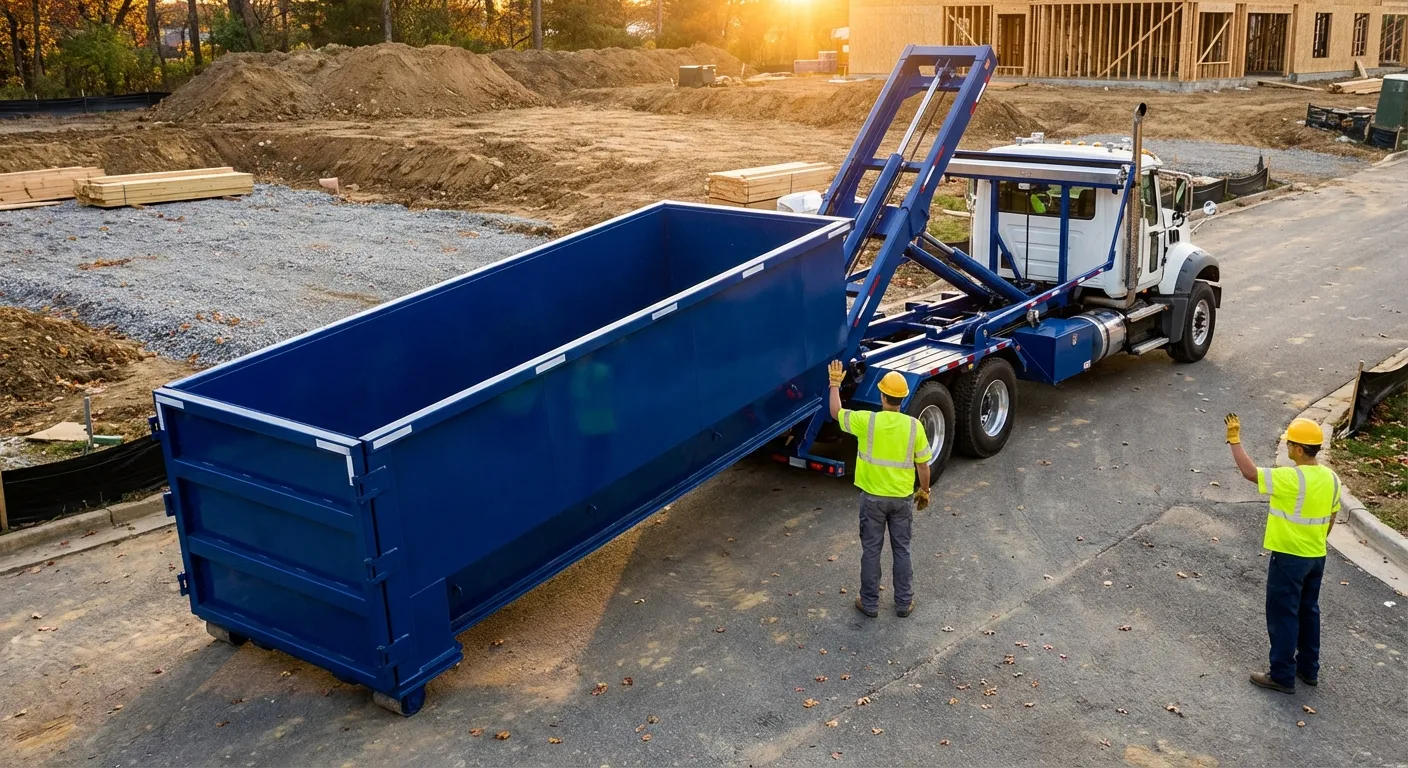 Construction dumpster delivery truck in New Bedford, MA