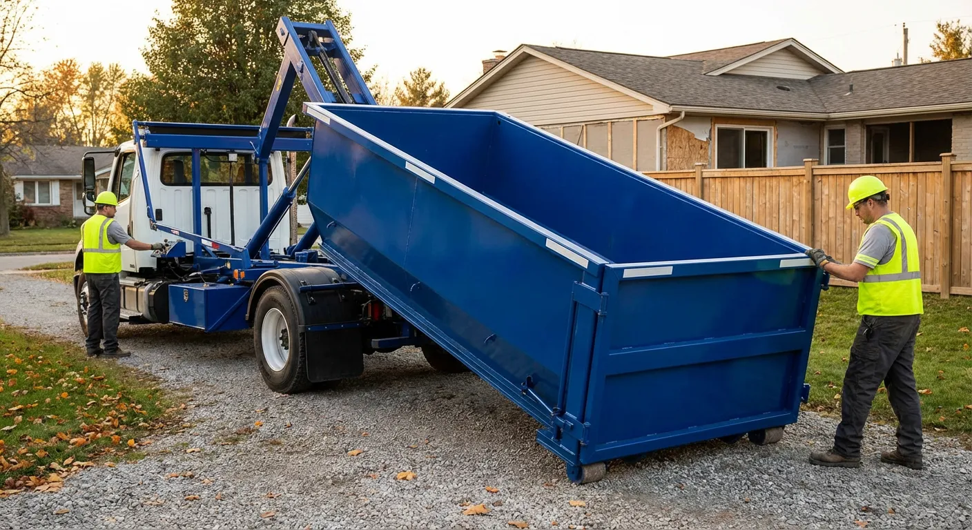 Roll-off dumpster rental delivery truck in New Bedford, MA